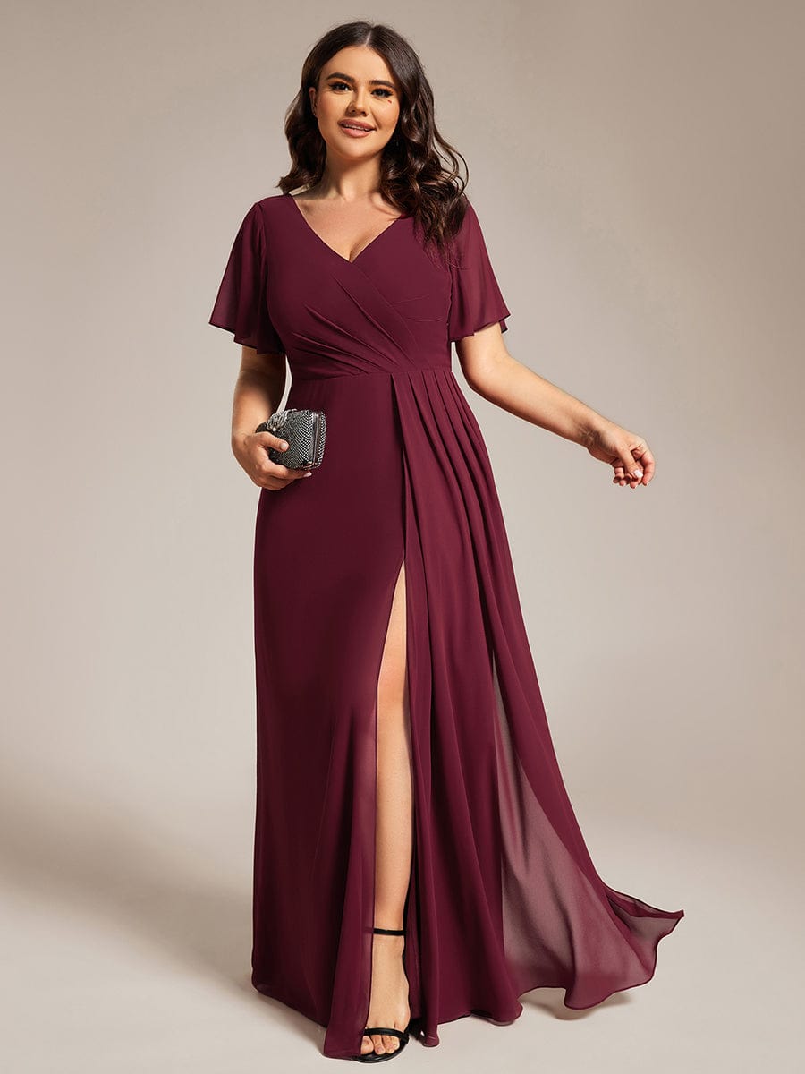 A-Line Ruffle Sleeves and High Slit Chiffon Bridesmaid Dress with V-Neck #color_Burgundy