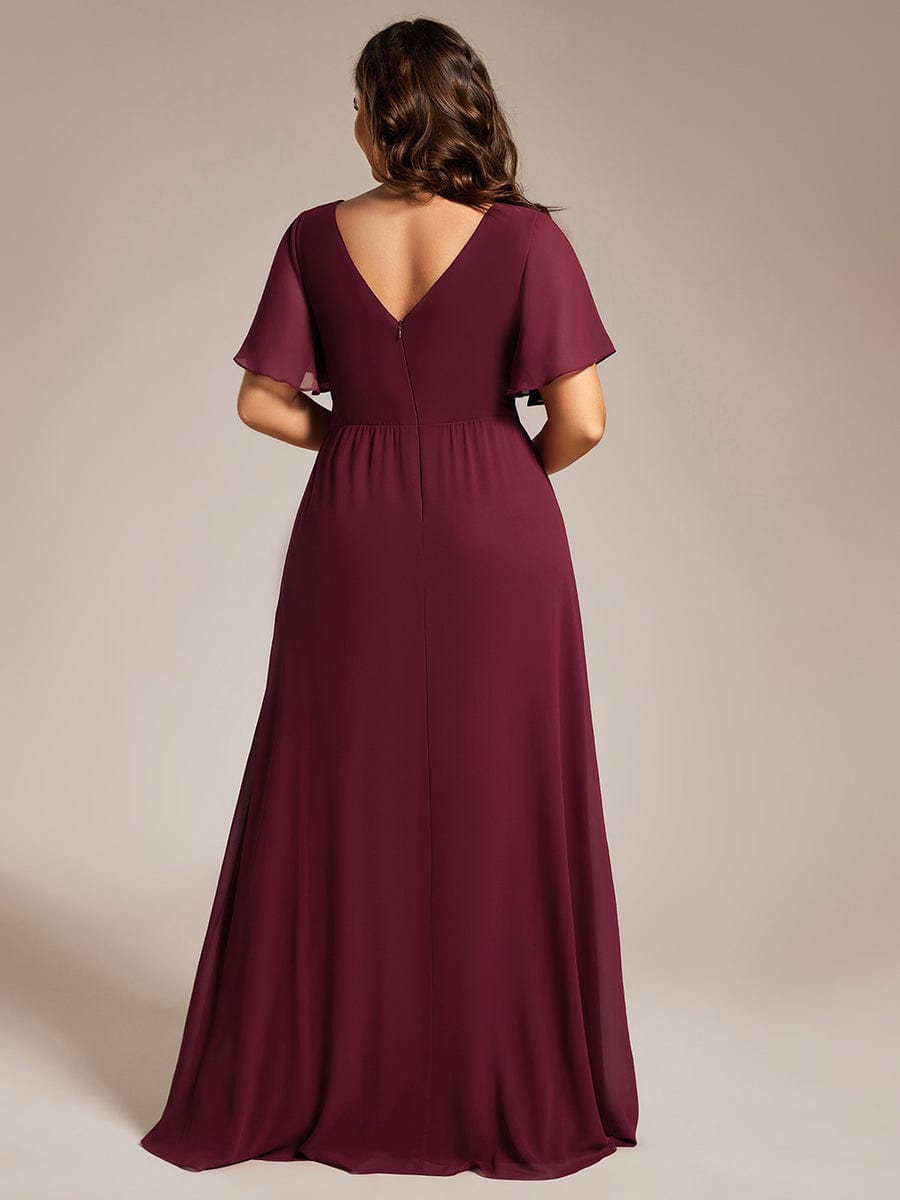 A-Line Ruffle Sleeves and High Slit Chiffon Bridesmaid Dress with V-Neck #color_Burgundy