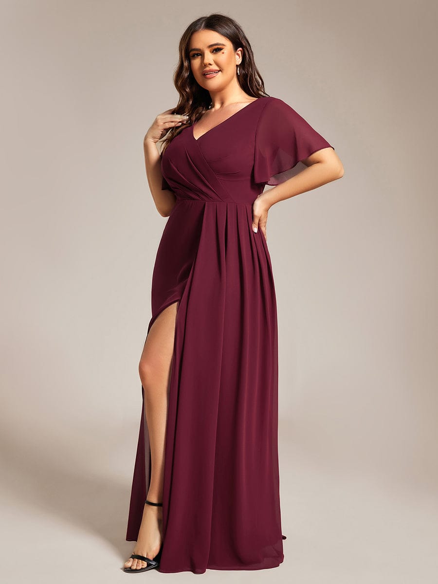 A-Line Ruffle Sleeves and High Slit Chiffon Bridesmaid Dress with V-Neck #color_Burgundy