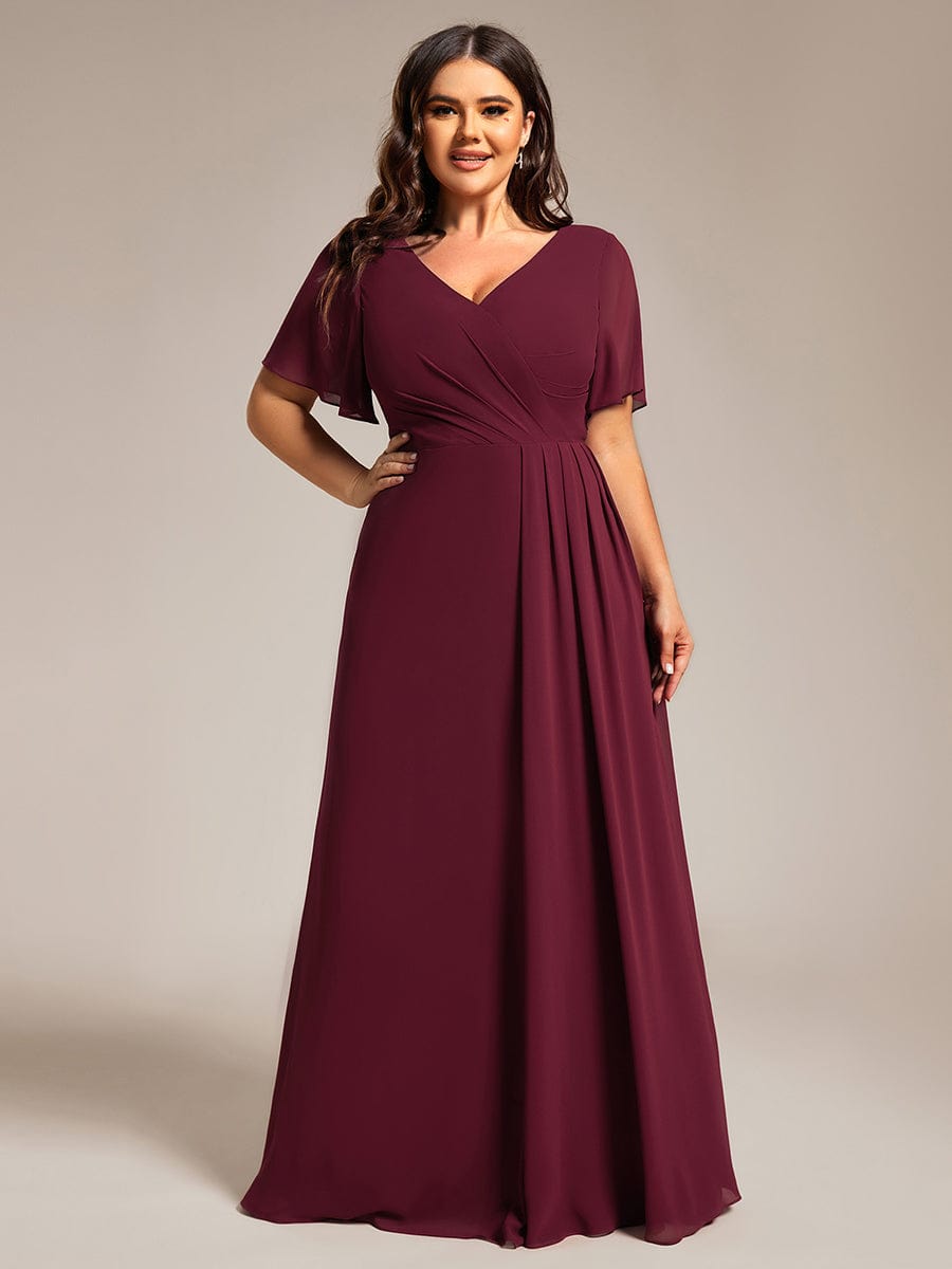 A-Line Ruffle Sleeves and High Slit Chiffon Bridesmaid Dress with V-Neck #color_Burgundy