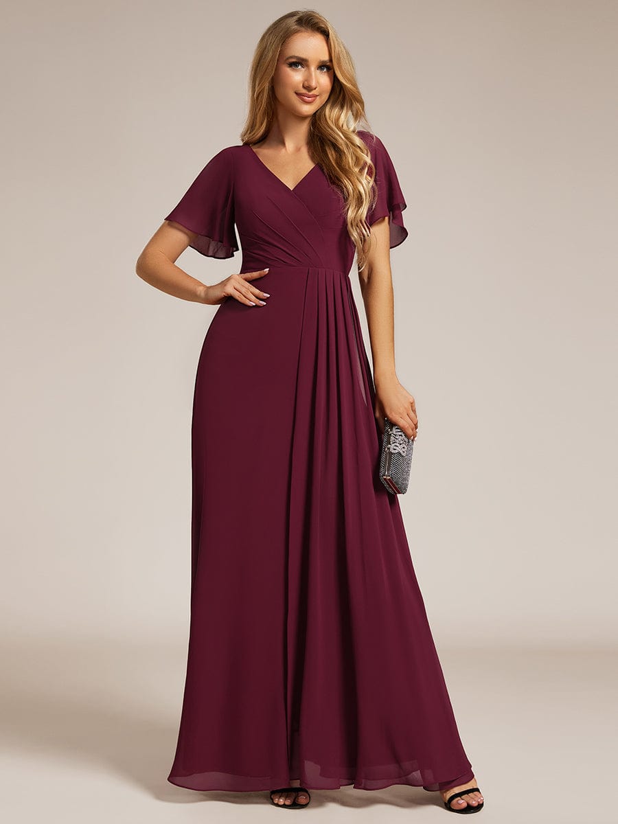 A-Line Ruffle Sleeves and High Slit Chiffon Bridesmaid Dress with V-Neck #color_Burgundy