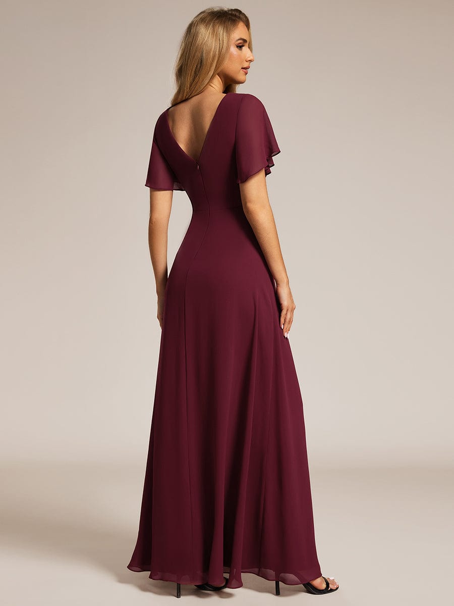 A-Line Ruffle Sleeves and High Slit Chiffon Bridesmaid Dress with V-Neck #color_Burgundy