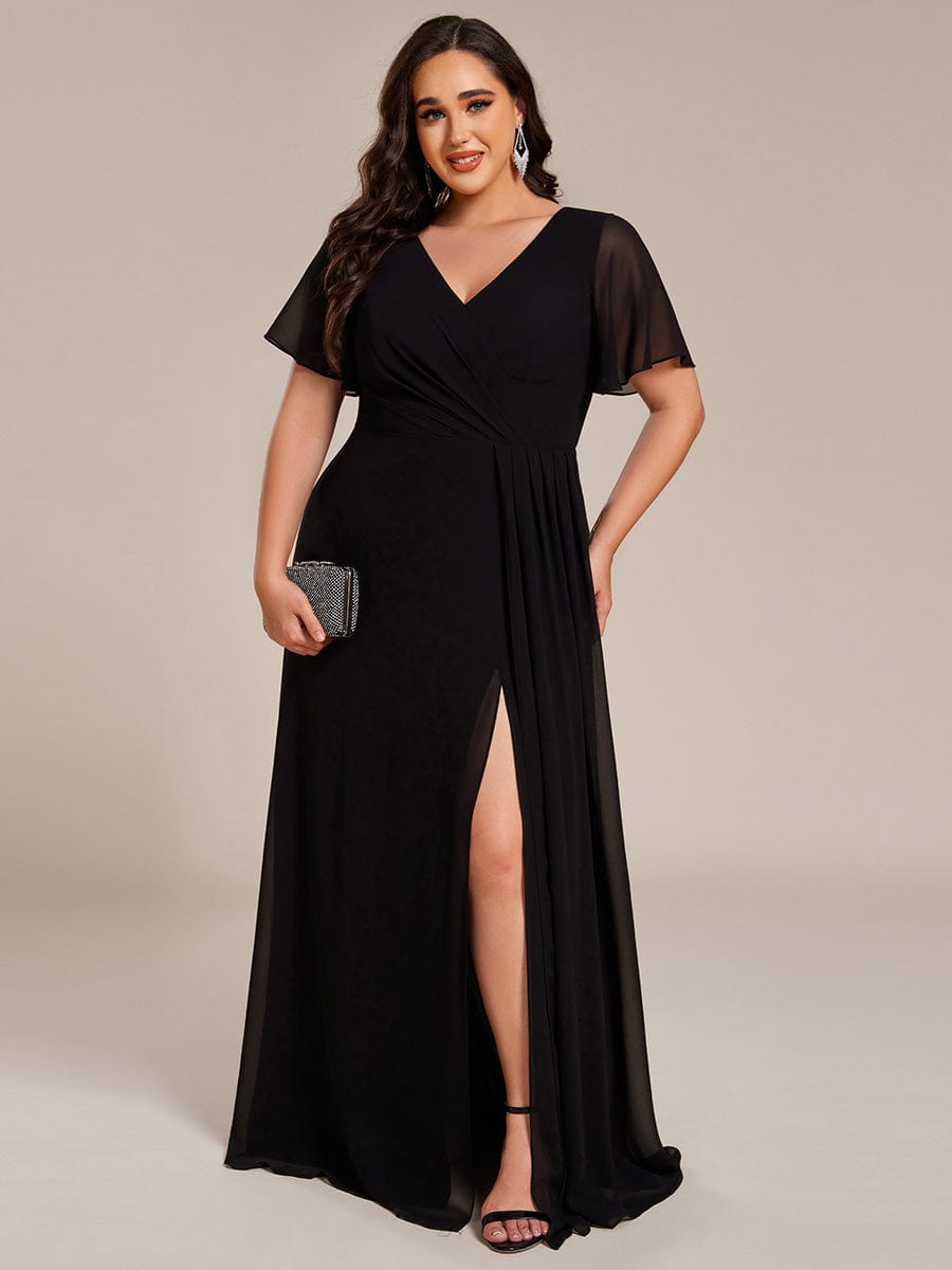 A-Line Ruffle Sleeves and High Slit Chiffon Bridesmaid Dress with V-Neck #color_Black