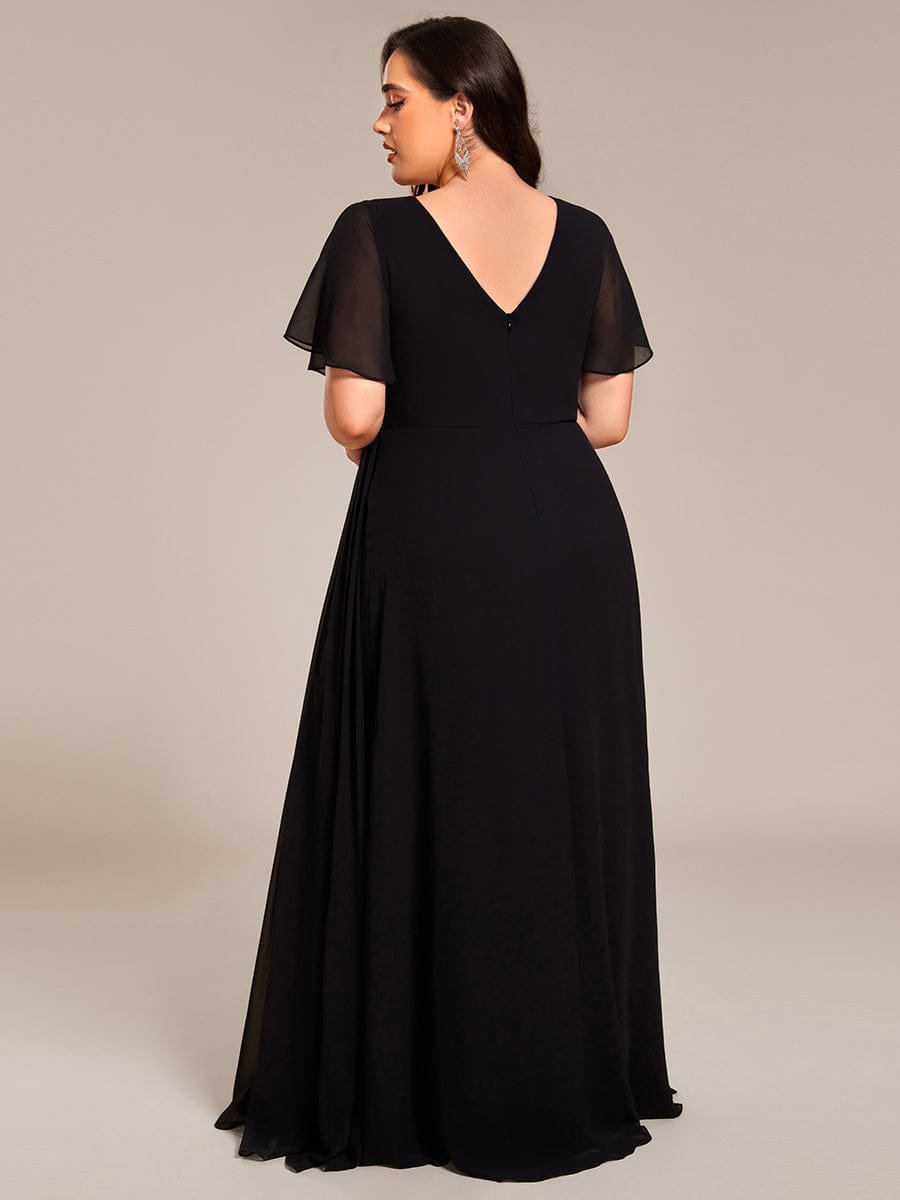 A-Line Ruffle Sleeves and High Slit Chiffon Bridesmaid Dress with V-Neck #color_Black