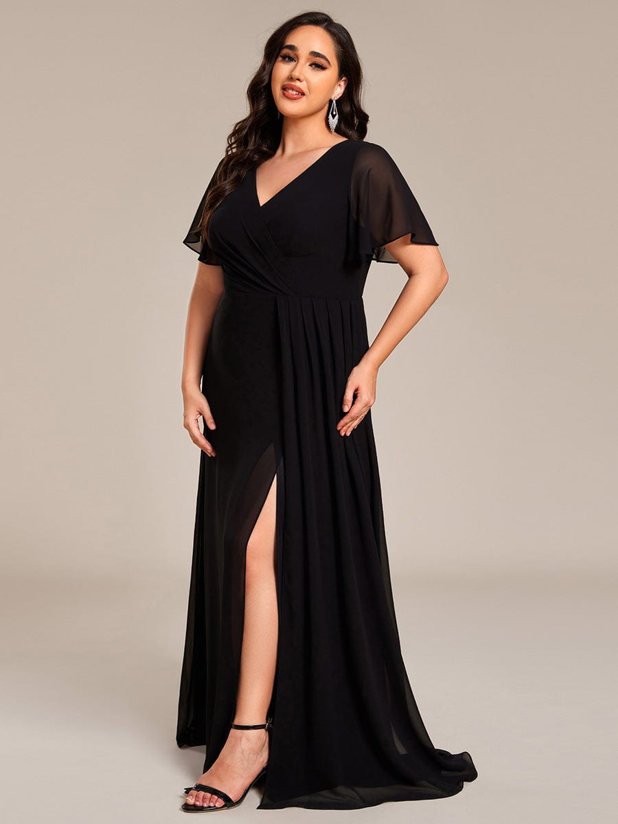 A-Line Ruffle Sleeves and High Slit Chiffon Bridesmaid Dress with V-Neck #color_Black