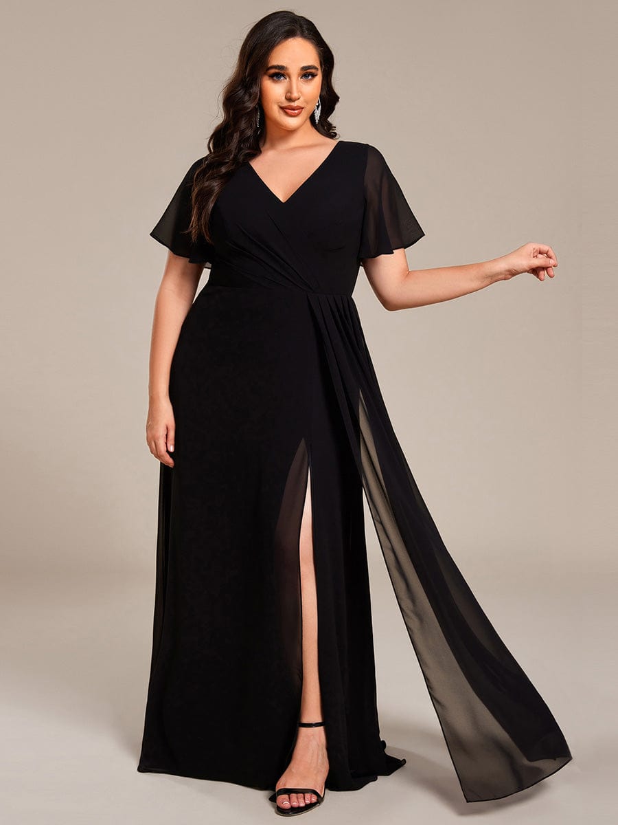 A-Line Ruffle Sleeves and High Slit Chiffon Bridesmaid Dress with V-Neck #color_Black