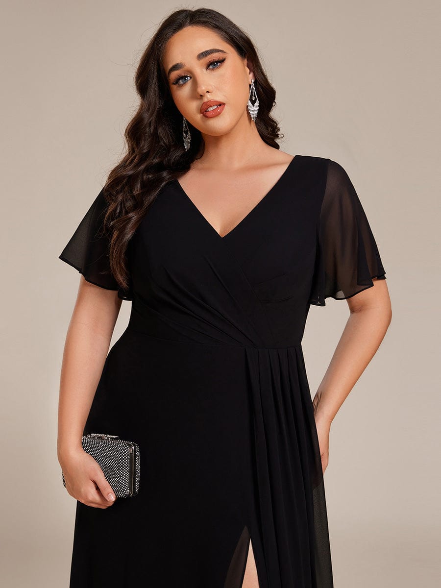 A-Line Ruffle Sleeves and High Slit Chiffon Bridesmaid Dress with V-Neck #color_Black