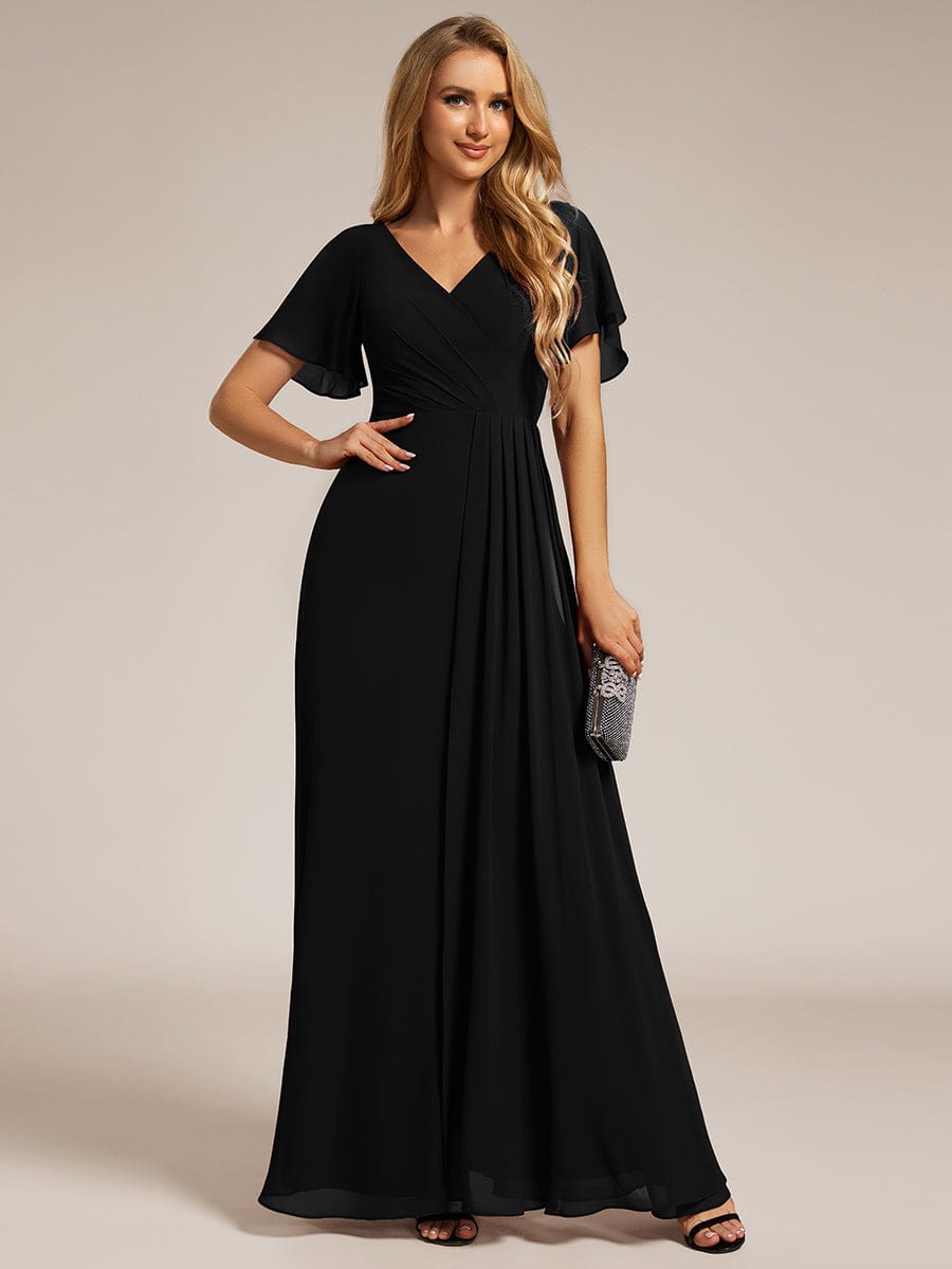 A-Line Ruffle Sleeves and High Slit Chiffon Bridesmaid Dress with V-Neck #color_Black