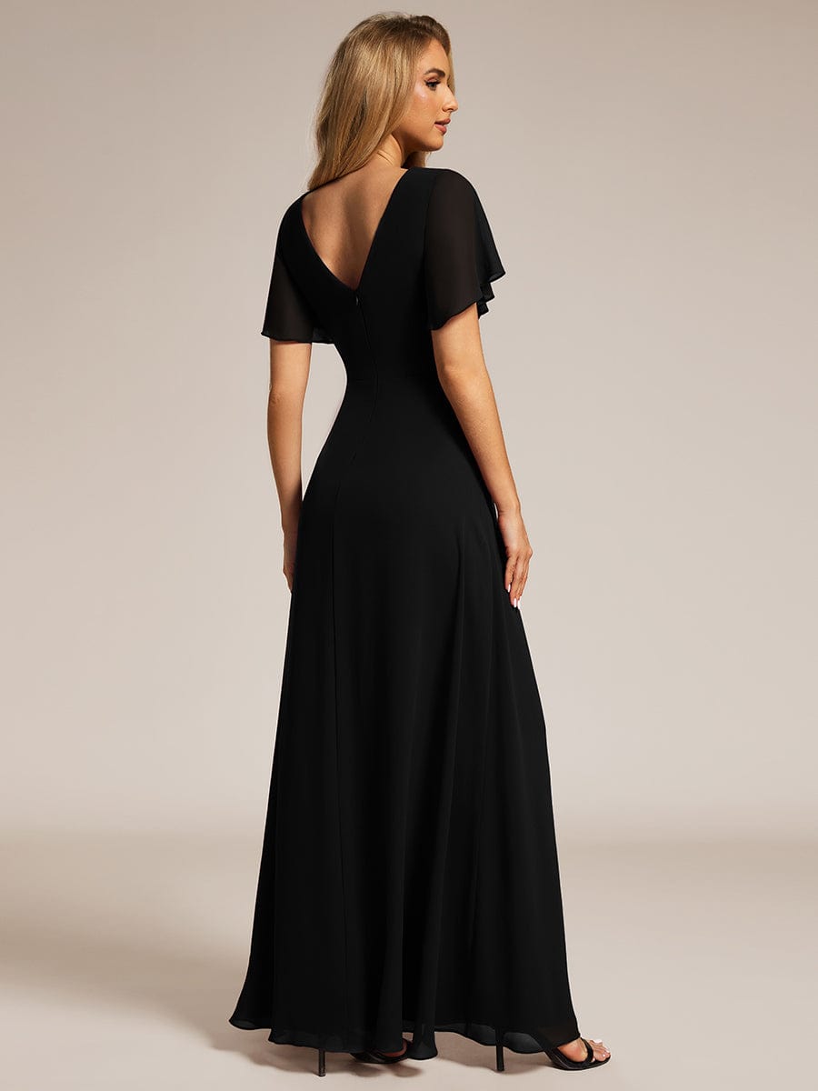 A-Line Ruffle Sleeves and High Slit Chiffon Bridesmaid Dress with V-Neck #color_Black