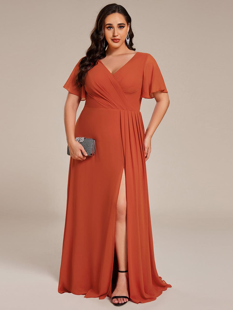 A-Line Ruffle Sleeves and High Slit Chiffon Bridesmaid Dress with V-Neck #color_Burnt Orange