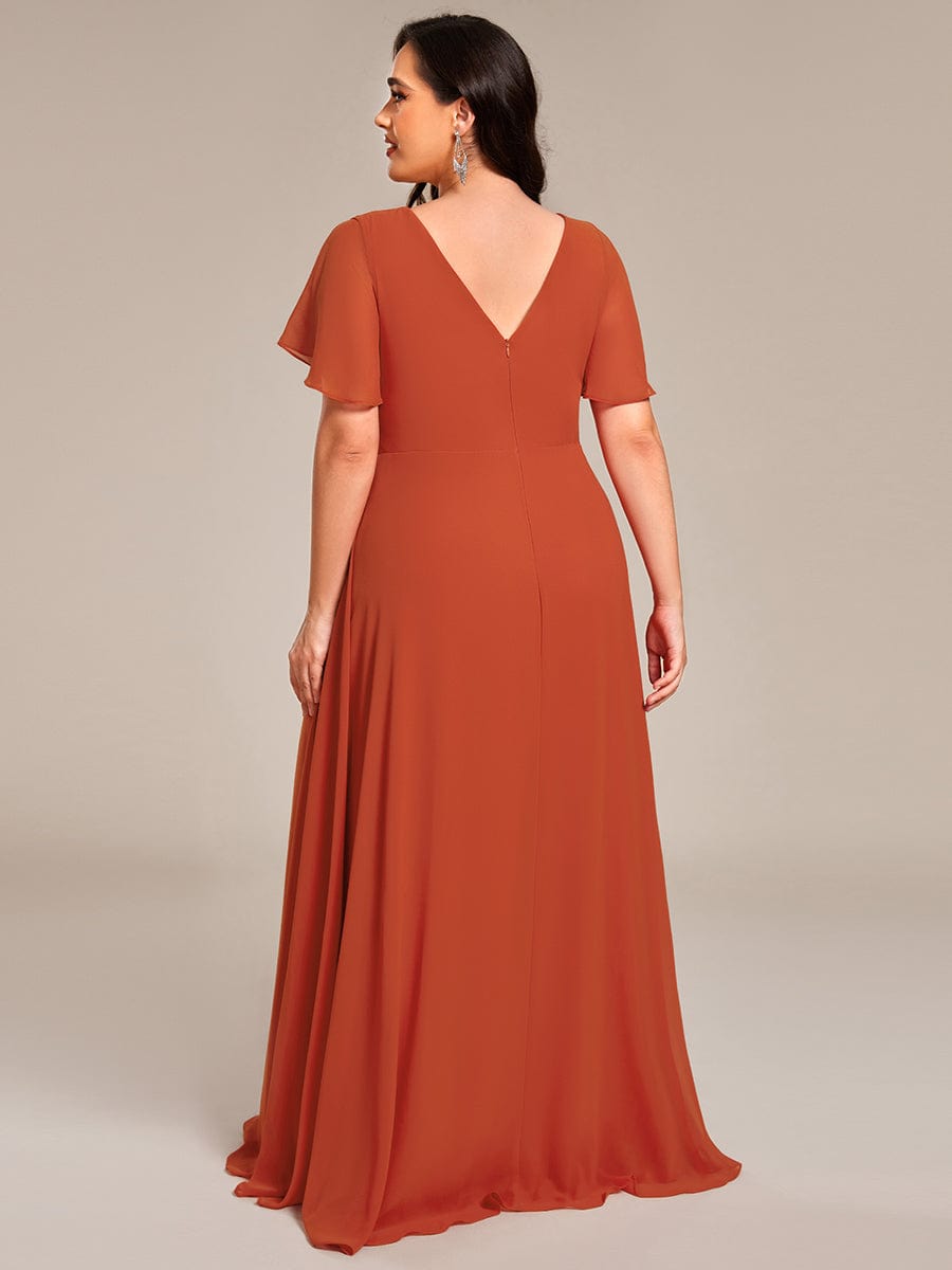 A-Line Ruffle Sleeves and High Slit Chiffon Bridesmaid Dress with V-Neck #color_Burnt Orange