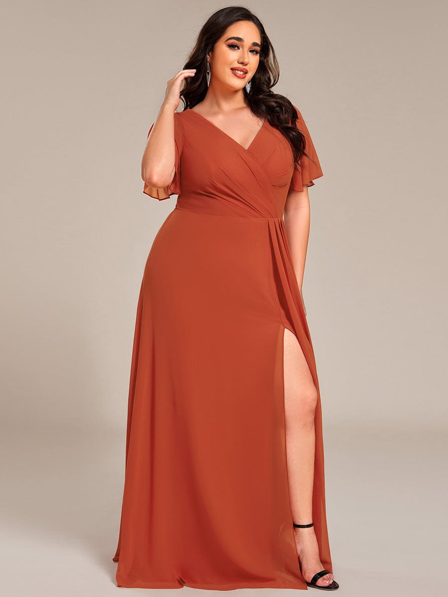 A-Line Ruffle Sleeves and High Slit Chiffon Bridesmaid Dress with V-Neck #color_Burnt Orange