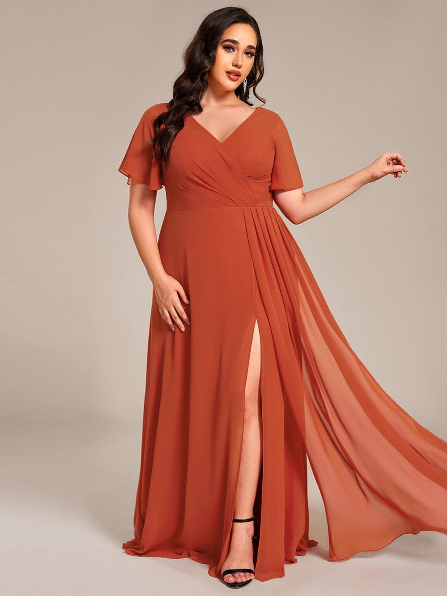 A-Line Ruffle Sleeves and High Slit Chiffon Bridesmaid Dress with V-Neck #color_Burnt Orange