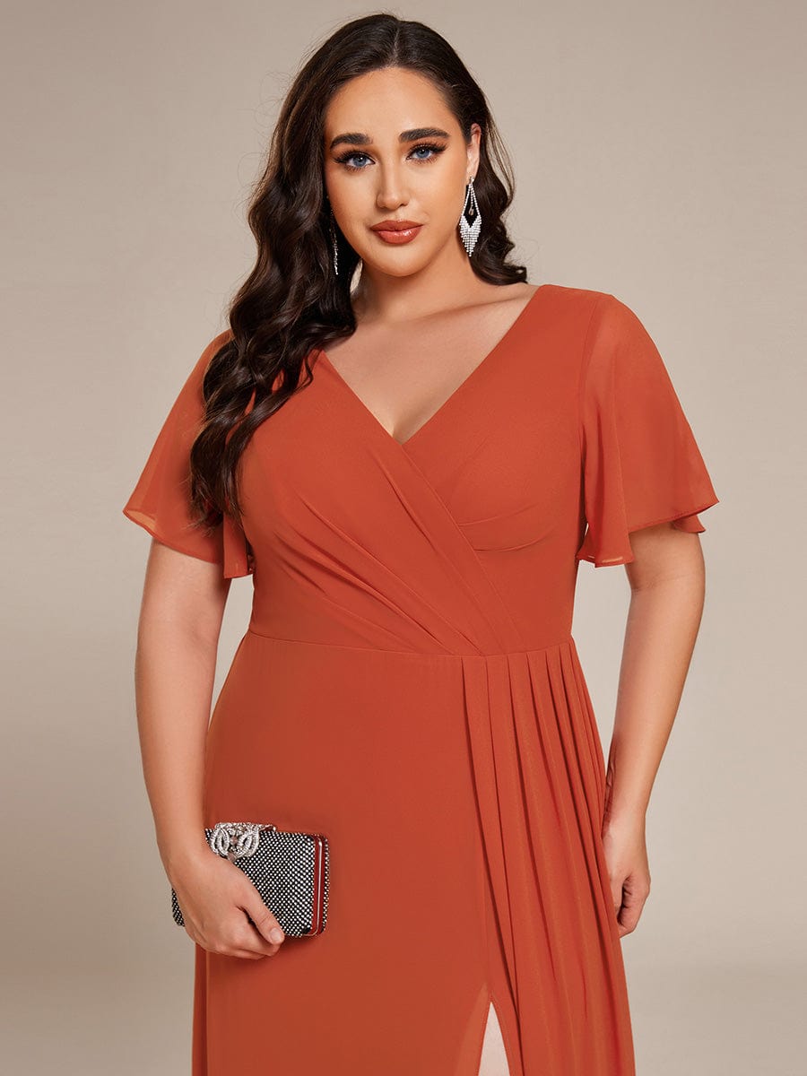 A-Line Ruffle Sleeves and High Slit Chiffon Bridesmaid Dress with V-Neck #color_Burnt Orange