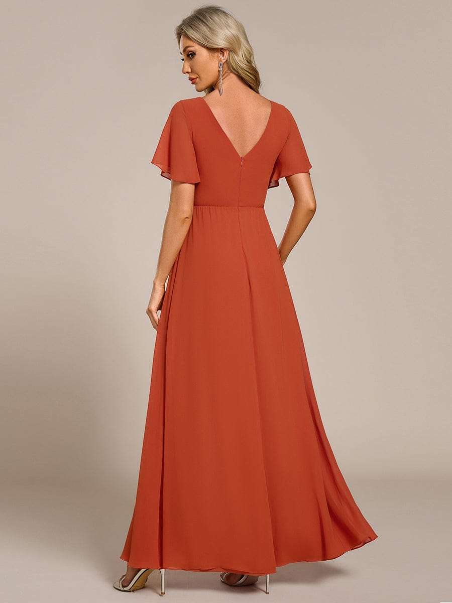 A-Line Ruffle Sleeves and High Slit Chiffon Bridesmaid Dress with V-Neck #color_Burnt Orange