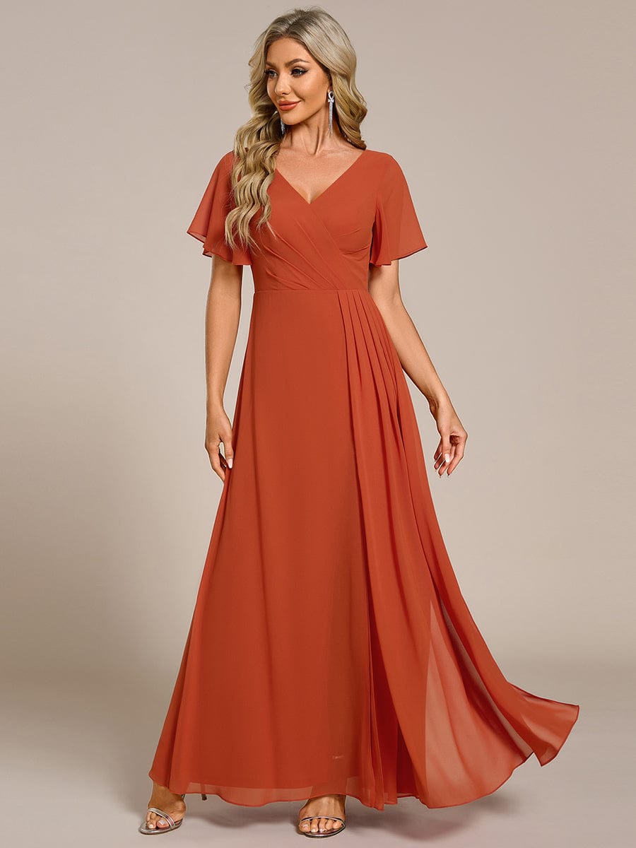 A-Line Ruffle Sleeves and High Slit Chiffon Bridesmaid Dress with V-Neck #color_Burnt Orange