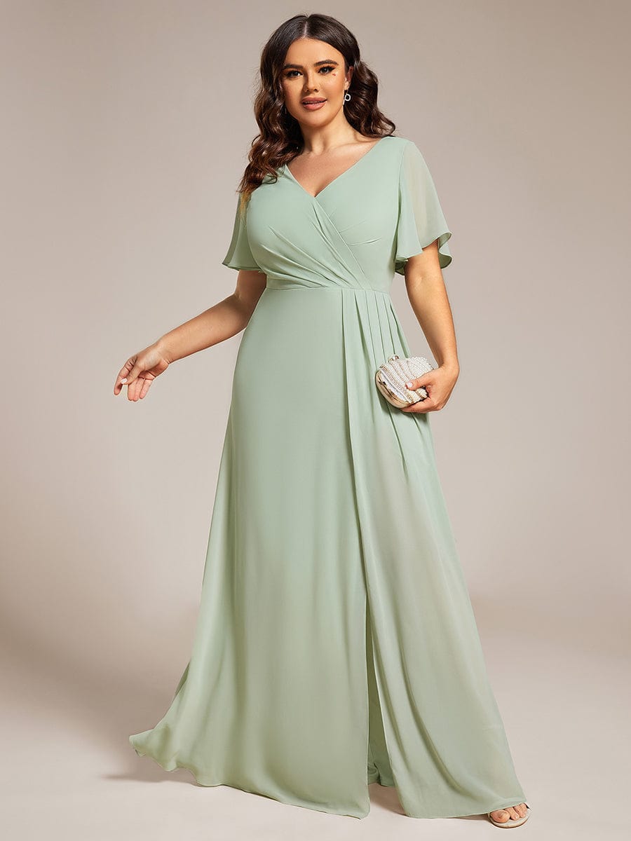 A-Line Ruffle Sleeves and High Slit Chiffon Bridesmaid Dress with V-Neck #color_Mint Green