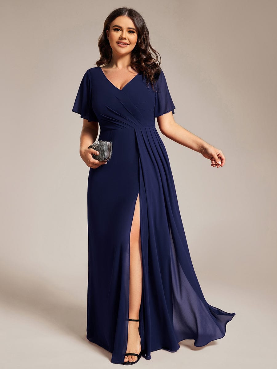 A-Line Ruffle Sleeves and High Slit Chiffon Bridesmaid Dress with V-Neck #color_Navy Blue