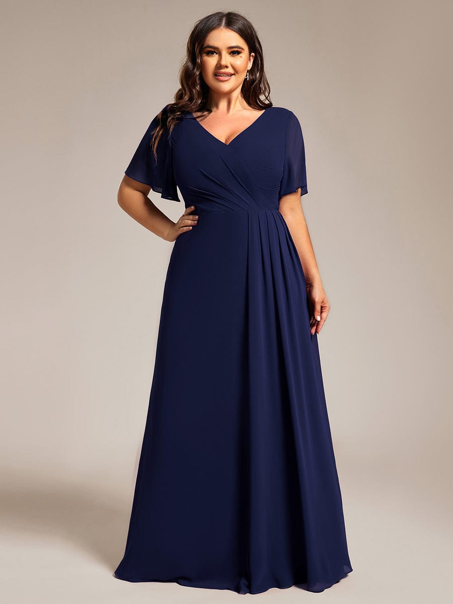 A-Line Ruffle Sleeves and High Slit Chiffon Bridesmaid Dress with V-Neck #color_Navy Blue