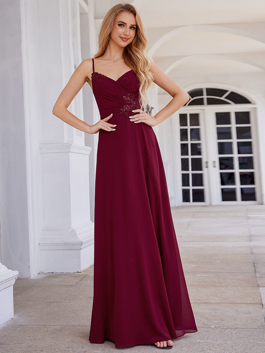 Chic V-Neck Pleated Sleeveless Applique Waist Bridesmaid Dress #color_Burgundy