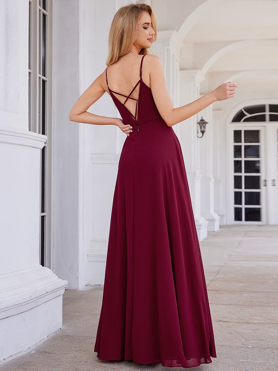 Chic V-Neck Pleated Sleeveless Applique Waist Bridesmaid Dress #color_Burgundy