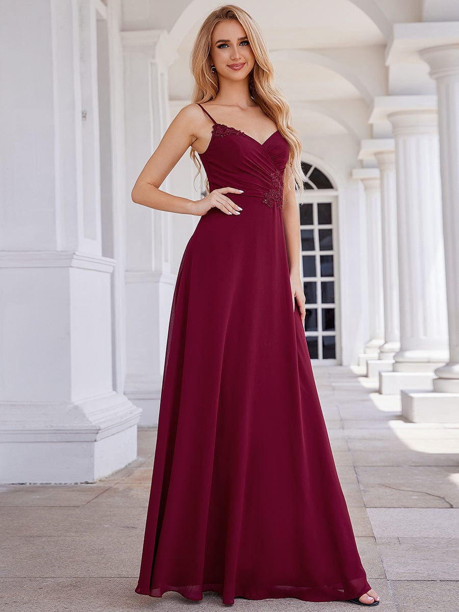 Chic V-Neck Pleated Sleeveless Applique Waist Bridesmaid Dress #color_Burgundy