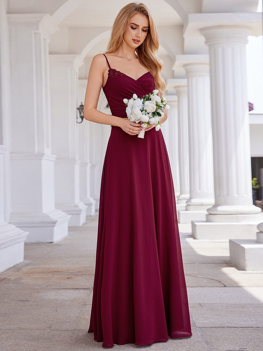 Chic V-Neck Pleated Sleeveless Applique Waist Bridesmaid Dress #color_Burgundy