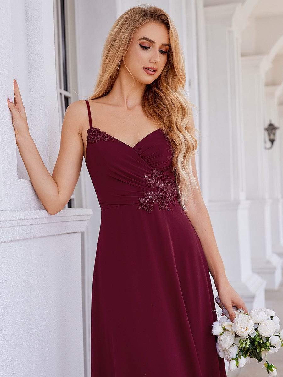 Chic V-Neck Pleated Sleeveless Applique Waist Bridesmaid Dress #color_Burgundy