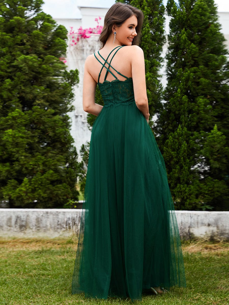 Lace Back Cross-Strap V-Neck Pleated Sleeveless Tulle Dress in Dark Green #color_Dark Green