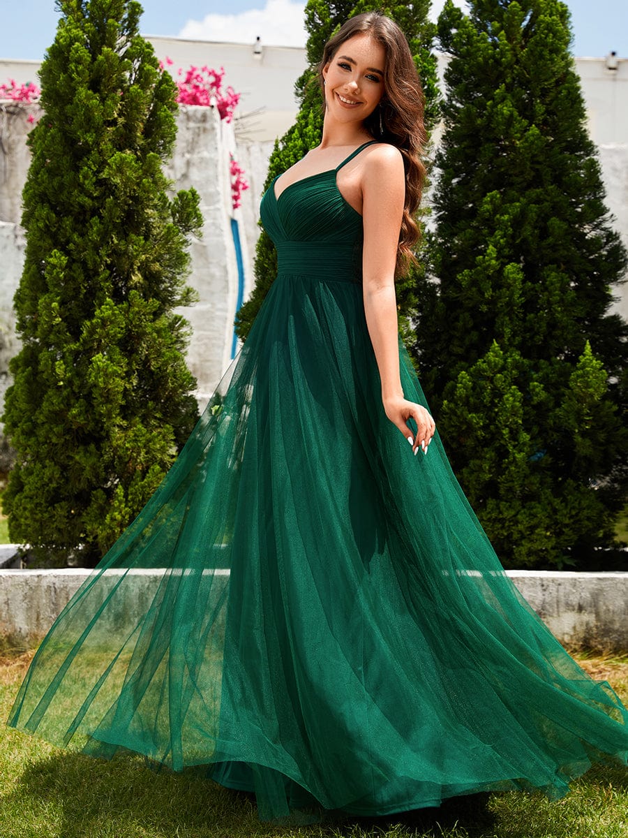 Lace Back Cross-Strap V-Neck Pleated Sleeveless Tulle Dress in Dark Green #color_Dark Green