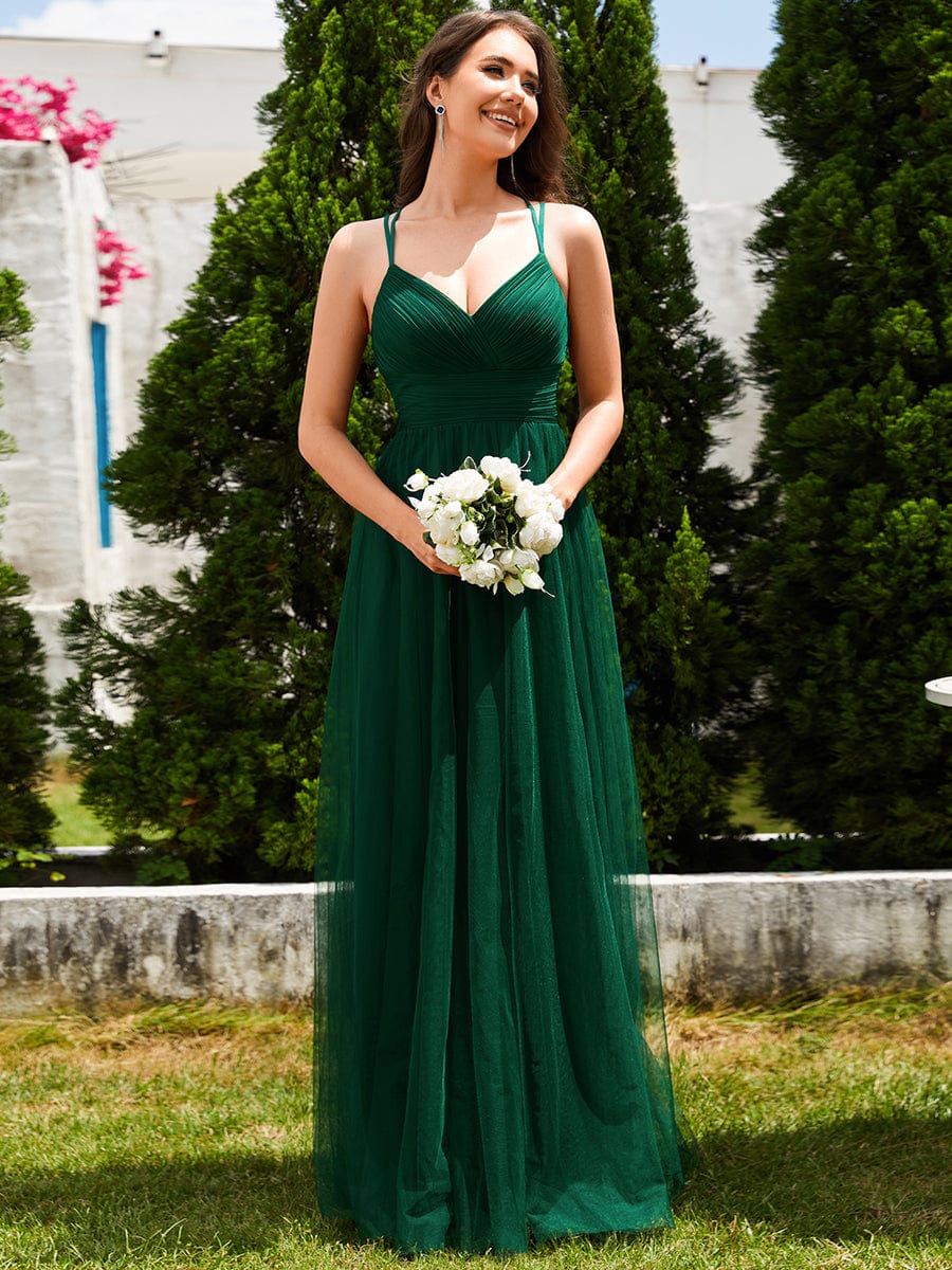 Lace Back Cross-Strap V-Neck Pleated Sleeveless Tulle Dress in Dark Green #color_Dark Green