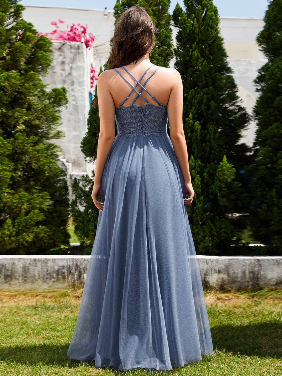 Lace Back Cross-Strap V-Neck Pleated Sleeveless Tulle Bridesmaid Dress #color_Dusty Blue