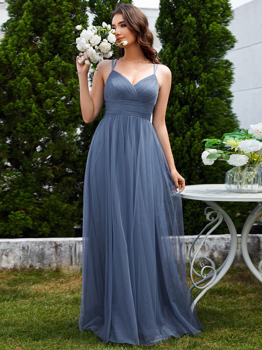 Lace Back Cross-Strap V-Neck Pleated Sleeveless Tulle Bridesmaid Dress #color_Dusty Blue