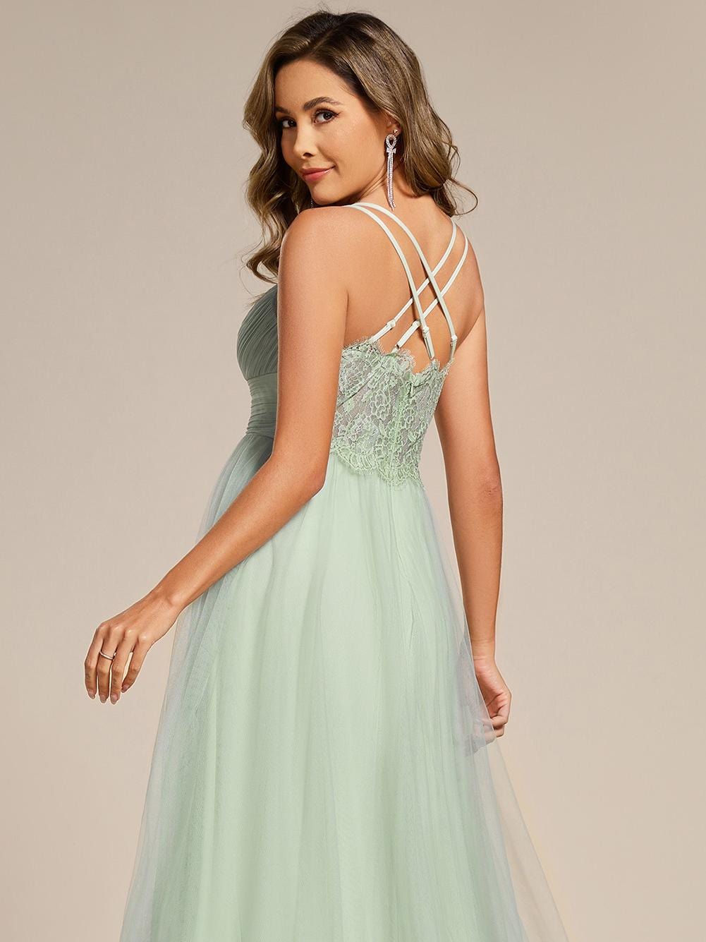 Lace Back Cross-Strap V-Neck Pleated Sleeveless Tulle Bridesmaid Dress #color_Mint Green