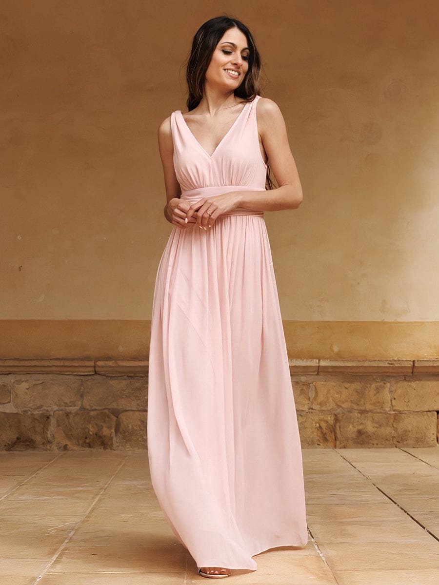 Elegant Sleeveless V-Neck Maxi Chiffon Bridesmaid Dress #color_Pink