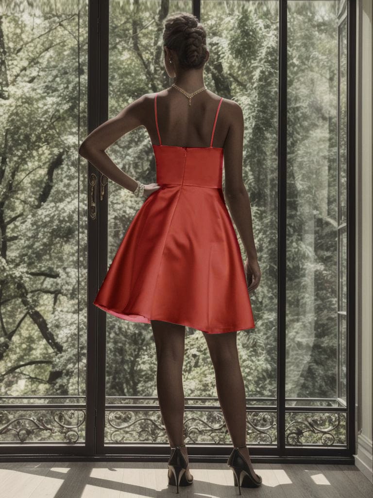 Satin Spaghetti Strap A-Line Backless Short Dress #color_Burnt Orange