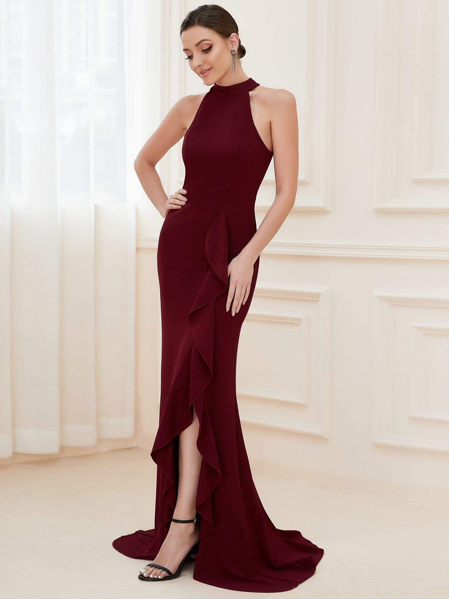 Halter Neck Sleeveless Side Slit Evening Dress #COLOR_Burgundy