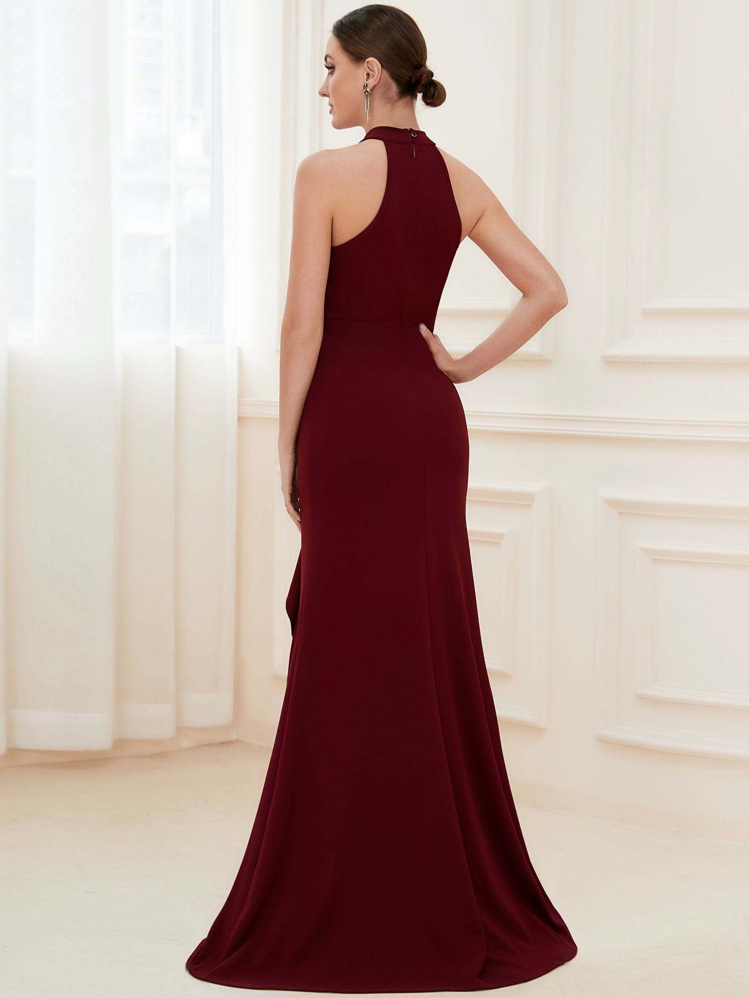 Halter Neck Sleeveless Side Slit Evening Dress #COLOR_Burgundy