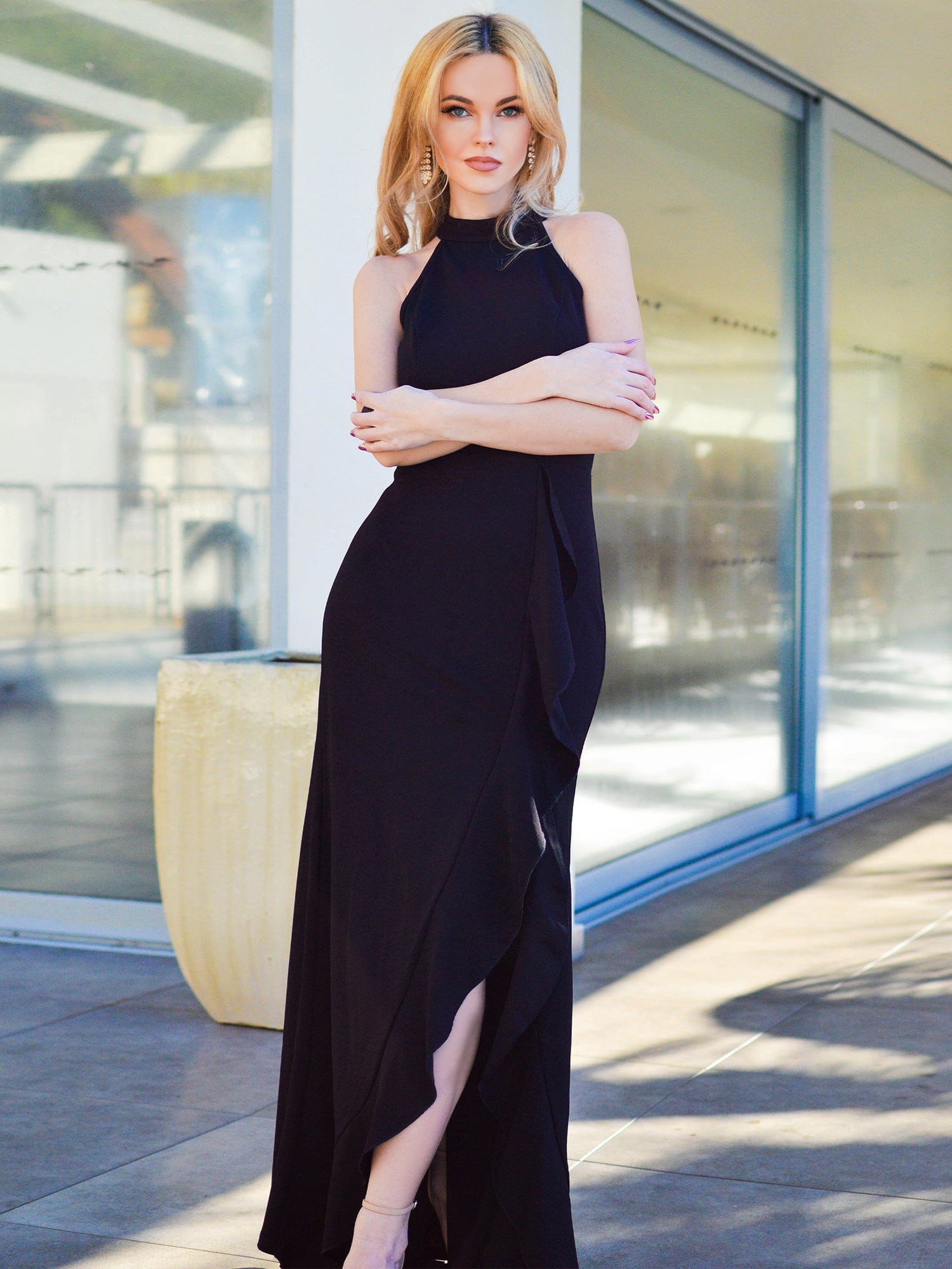 Halter Neck Sleeveless Side Slit Evening Dress #COLOR_Black