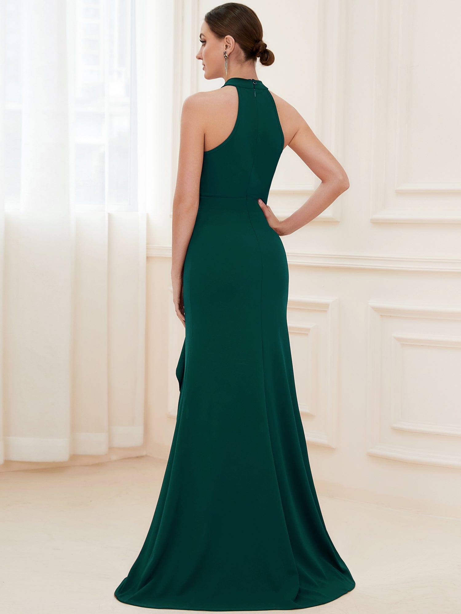 Halter Neck Sleeveless Side Slit Evening Dress #COLOR_Dark Green