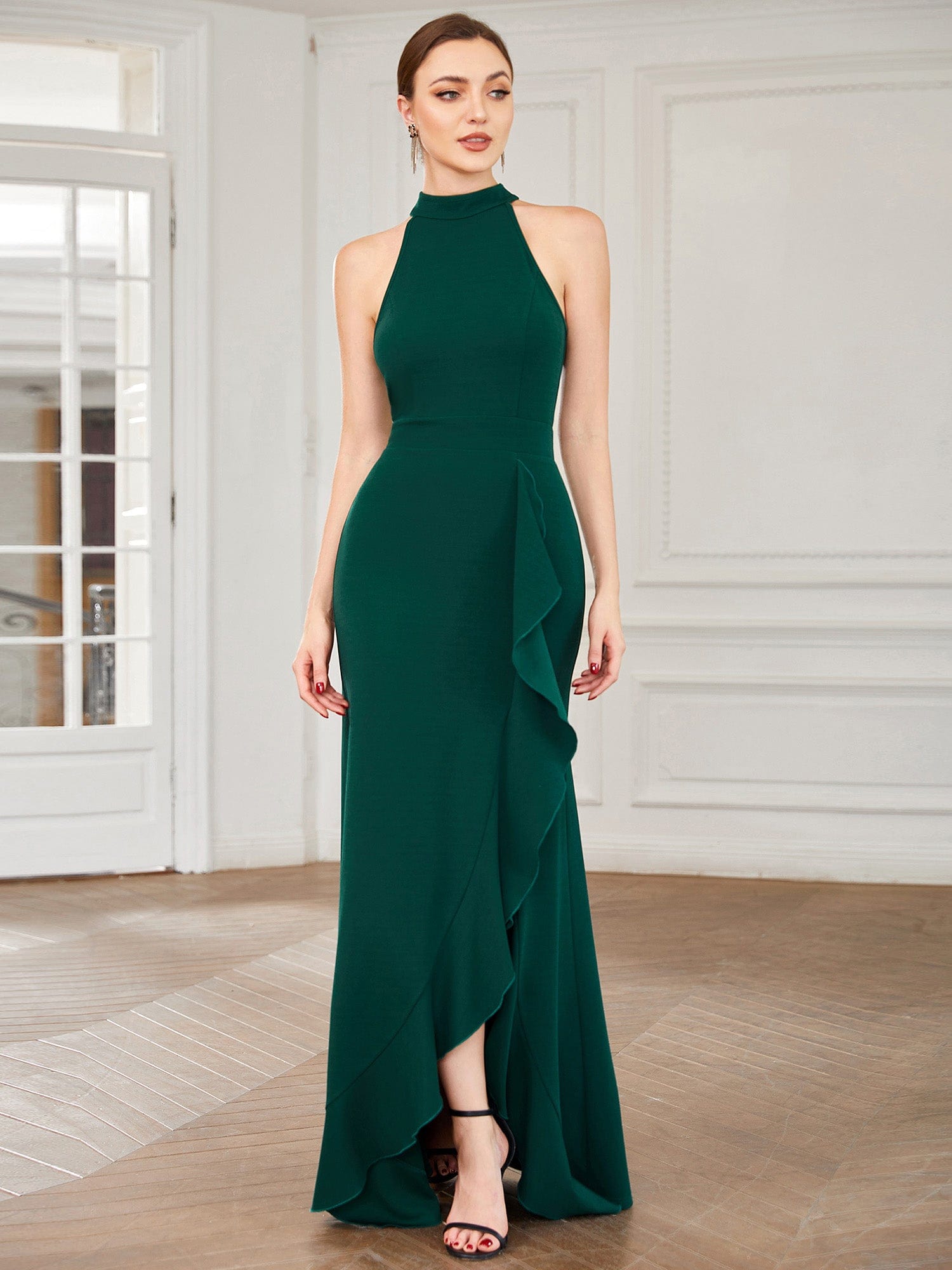 Halter Neck Sleeveless Side Slit Evening Dress #COLOR_Dark Green