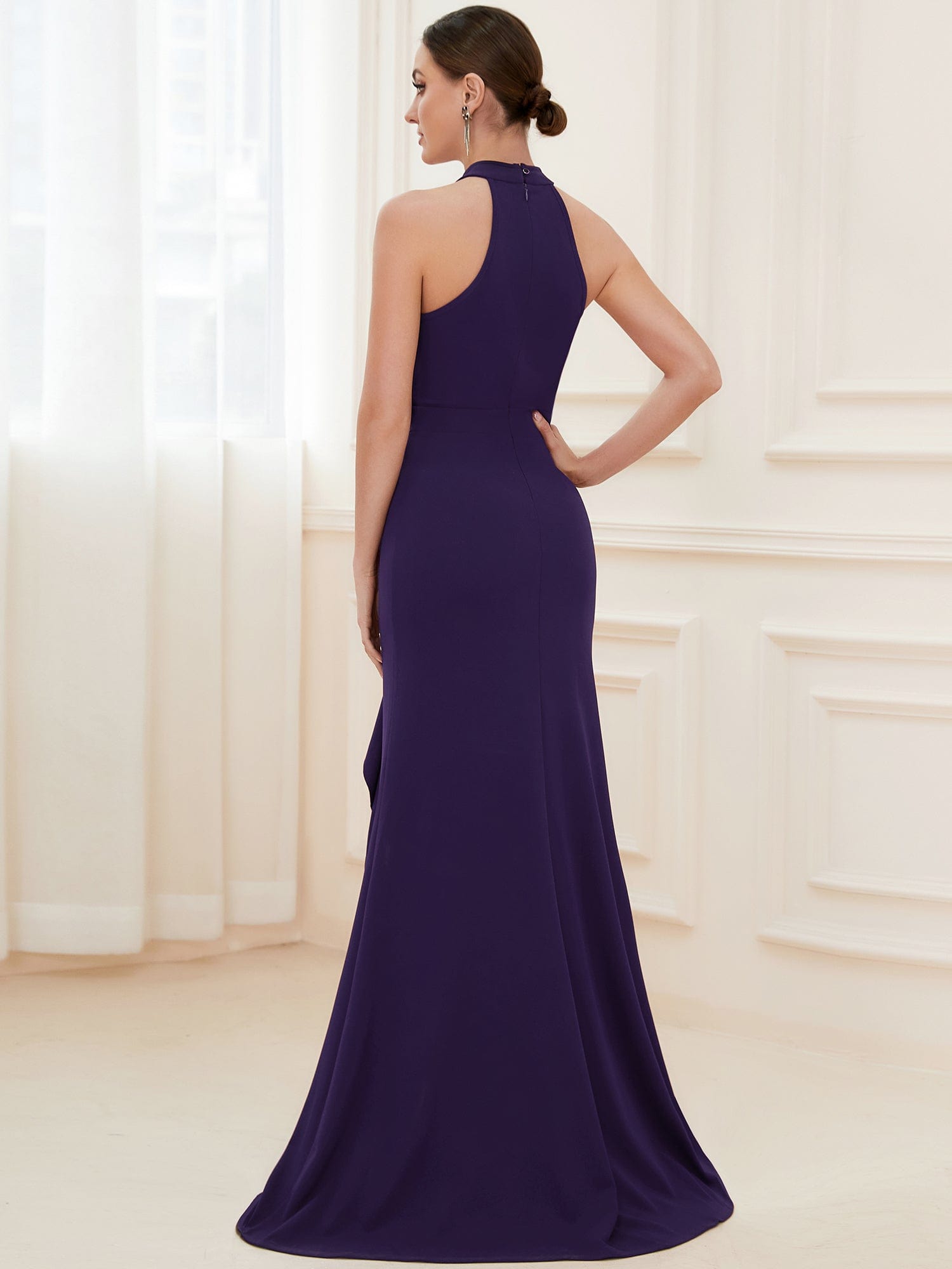 Halter Neck Sleeveless Side Slit Evening Dress #COLOR_Dark Purple