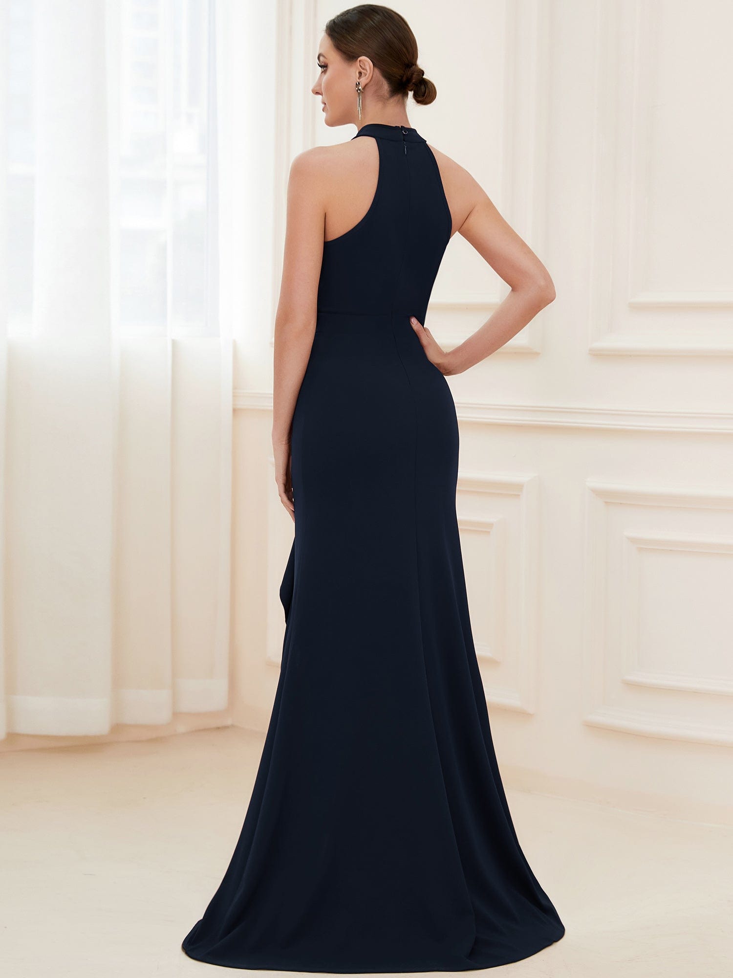 Halter Neck Sleeveless Side Slit Evening Dress #COLOR_Navy Blue