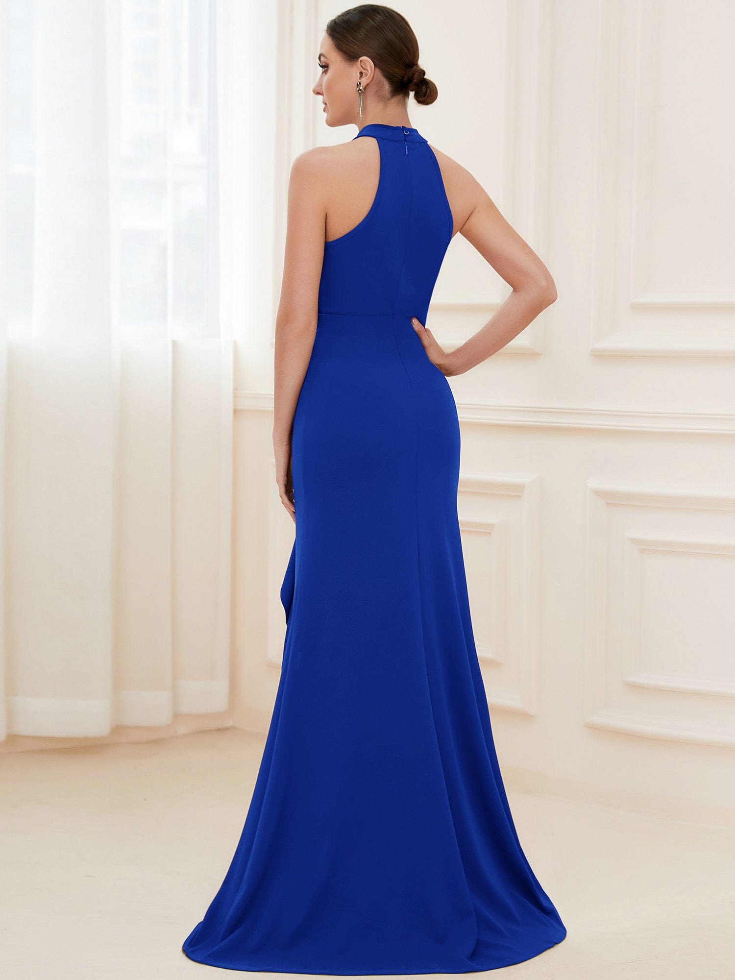 Halter Neck Sleeveless Side Slit Evening Dress #COLOR_Sapphire Blue