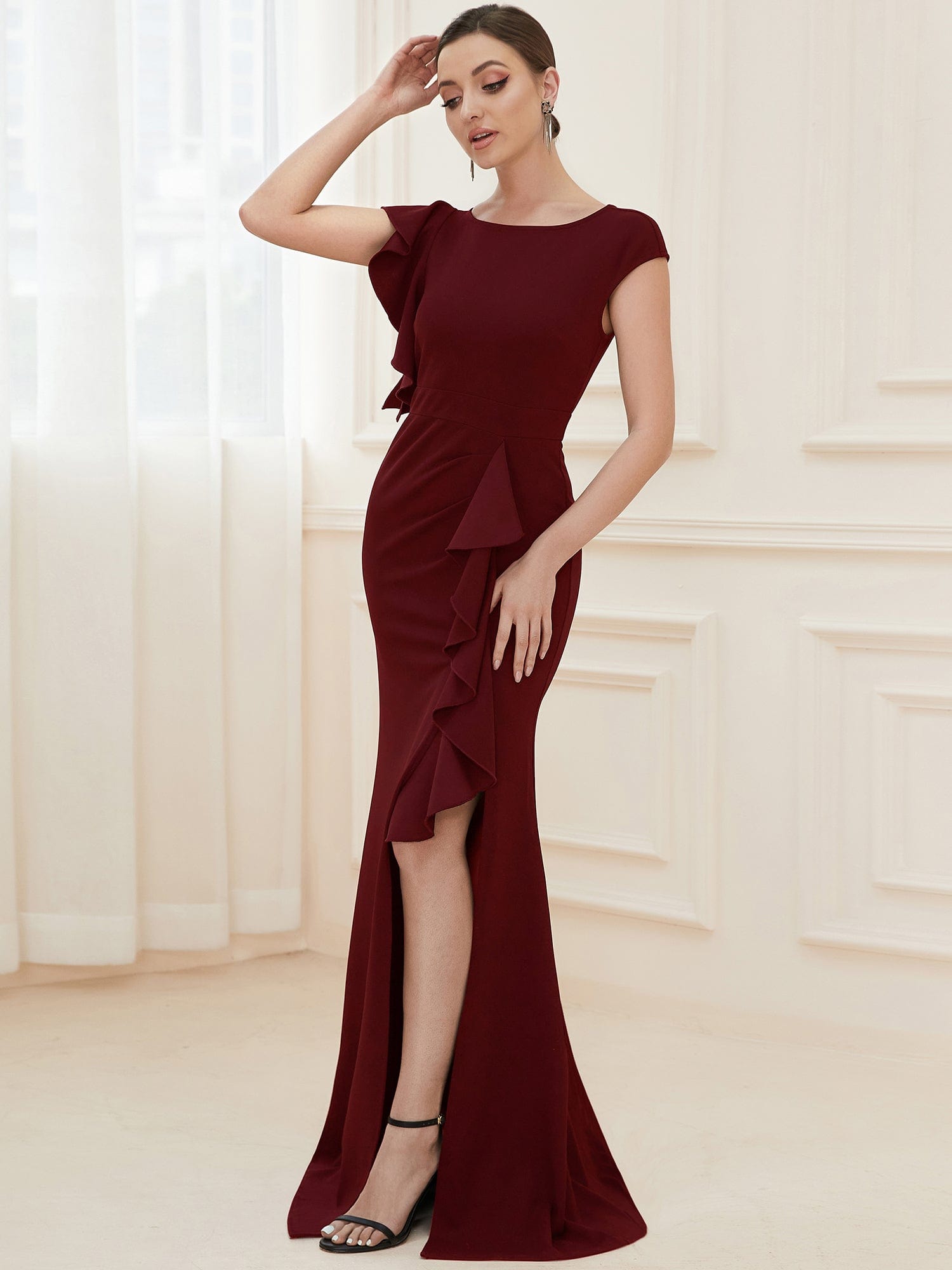 Elegant Cap Sleeve Side Slit Evening Gown with Ruffles #COLOR_Burgundy