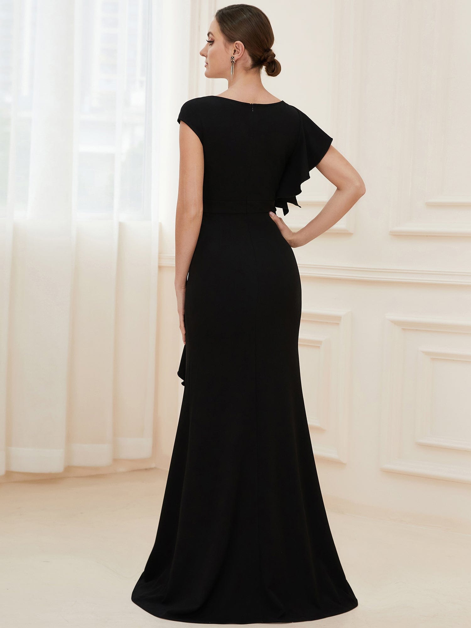 Elegant Cap Sleeve Side Slit Evening Gown with Ruffles #COLOR_Black