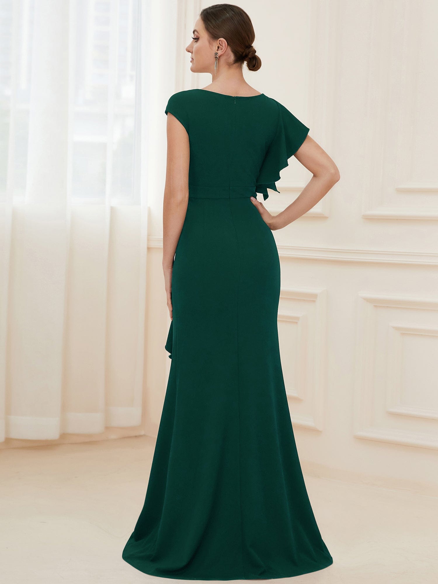 Elegant Cap Sleeve Side Slit Evening Gown with Ruffles #COLOR_Dark Green