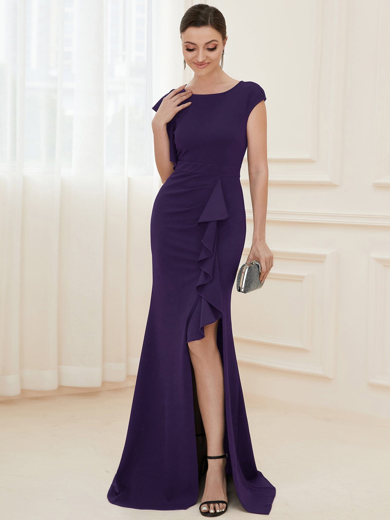 Elegant Cap Sleeve Side Slit Evening Gown with Ruffles #COLOR_Dark Purple