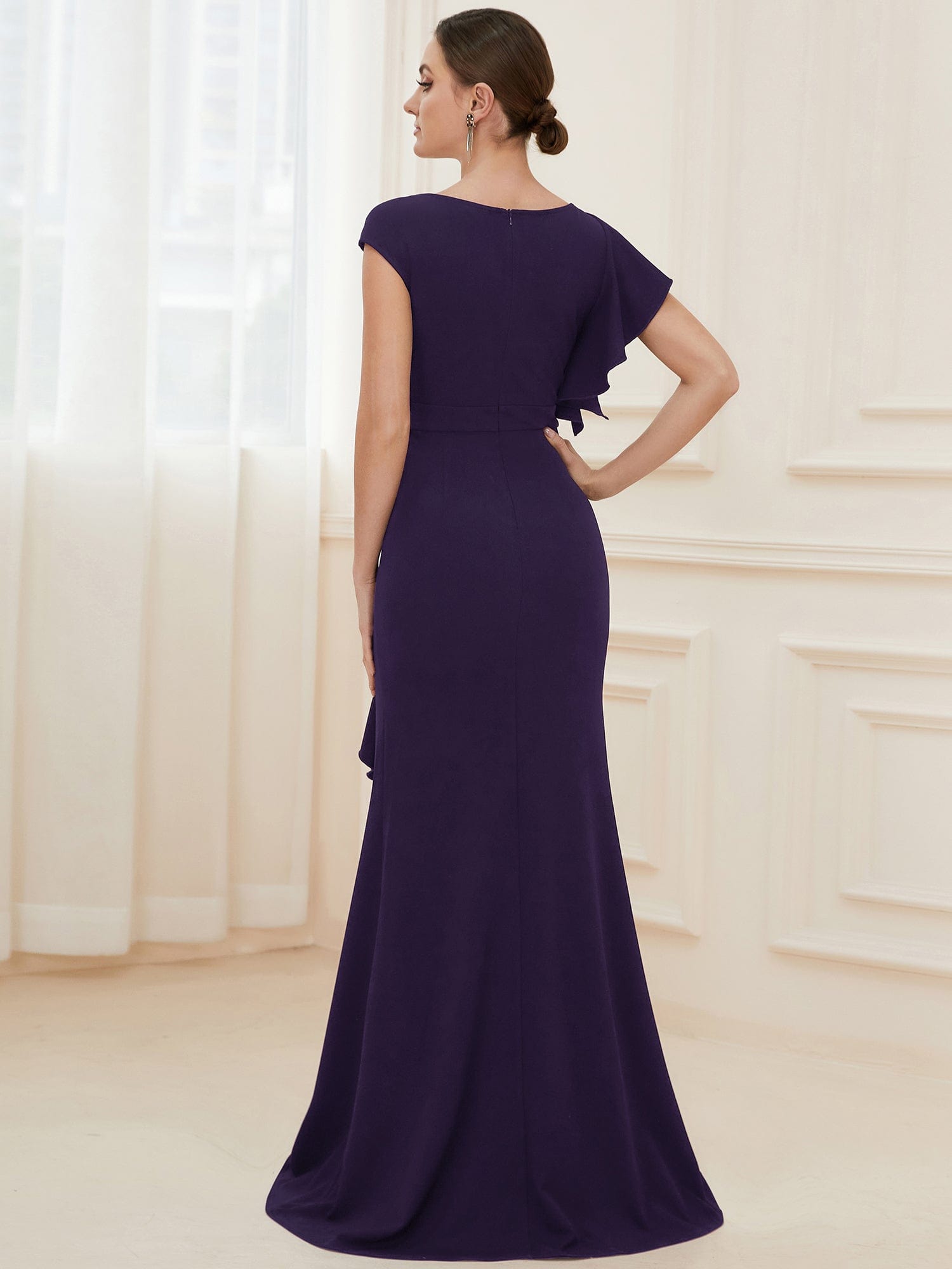 Elegant Cap Sleeve Side Slit Evening Gown with Ruffles #COLOR_Dark Purple