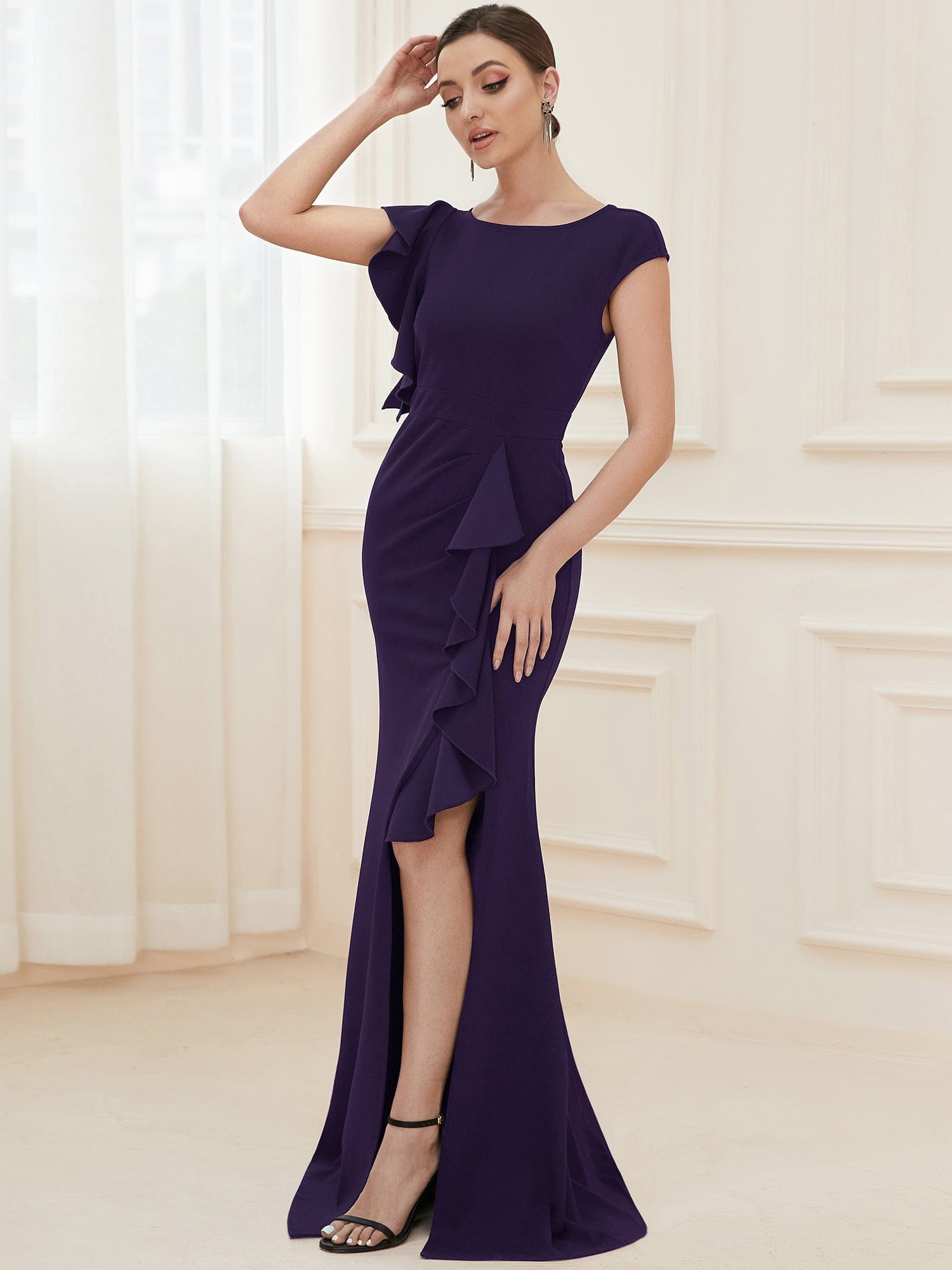 Elegant Cap Sleeve Side Slit Evening Gown with Ruffles #COLOR_Dark Purple